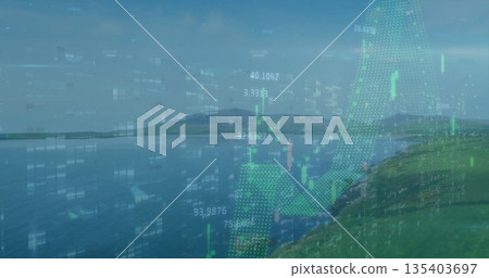 Displaying translucent financial overlay at lakeshore with green 3D graph curve and data points 135403697