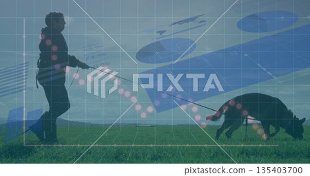Walking senior woman guiding dog on grassy field, with grid lines, pie chart overlays, copy space Walking senior woman guiding dog on grassy field, with grid lines, pie chart overlays, copy space 135403700