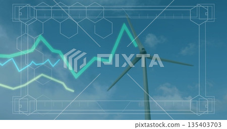 Rotating wind turbine tower and rotor against blue sky, with HUD graph overlay, copy space 135403703
