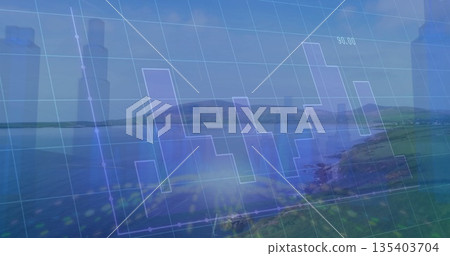 Projecting translucent bar and line chart overlay over coastal shoreline, with numeric label Projecting translucent bar and line chart overlay over coastal shoreline, with numeric label 135403704