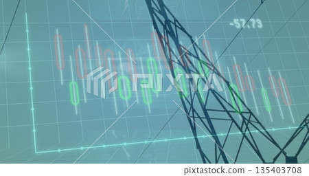 Overlaying black lattice tower on teal grid axes with candlestick chart, numeric label, copy space 135403708