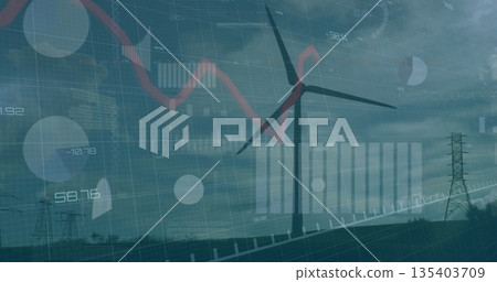 Spinning three-blade wind turbine on hill, showing lattice towers, power lines and data overlays 135403709