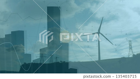 Highlighting wind turbine standing on grassy hill edge, with transmission towers, data graphs Highlighting wind turbine standing on grassy hill edge, with transmission towers, data graphs 135403715