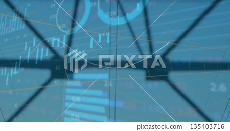 Dark metal frame crossing trading dashboard, with candlestick bars line graph and numeric readouts 135403716