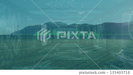 Landscape displaying overlay over valley farm, with wind turbine green waveform numeric overlays Landscape displaying overlay over valley farm, with wind turbine green waveform numeric overlays 135403718