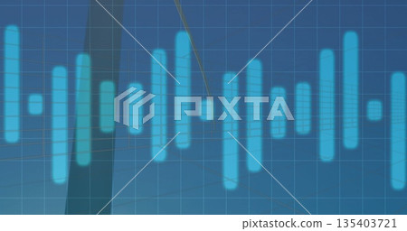 Displaying horizontal waveform featuring glowing cyan bars on data screen, grid and abstract shapes Displaying horizontal waveform featuring glowing cyan bars on data screen, grid and abstract shapes 135403721