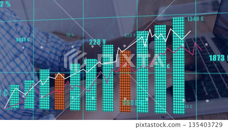 Typing businessman in checkered shirt using laptop at wooden desk, with financial bar chart overlay Typing businessman in checkered shirt using laptop at wooden desk, with financial bar chart overlay 135403729
