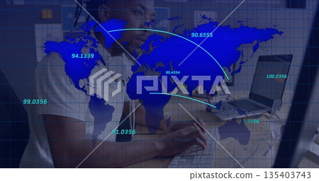 Network engineer analyzing world map overlay in tech workspace, with laptop and headphones Network engineer analyzing world map overlay in tech workspace, with laptop and headphones 135403743