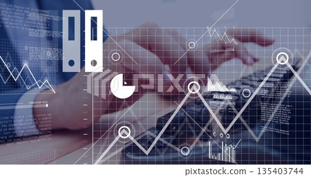 Hands typing data on laptop keyboard at workstation, with code snippets and pie chart overlay Hands typing data on laptop keyboard at workstation, with code snippets and pie chart overlay 135403744