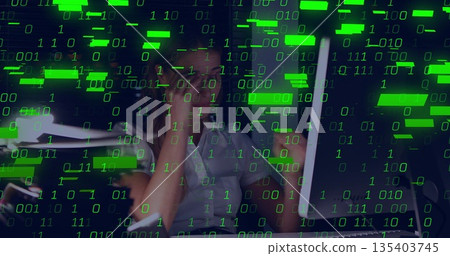 Examining woman wearing glasses scanning green code streams at workstation with glowing monitor Examining woman wearing glasses scanning green code streams at workstation with glowing monitor 135403745