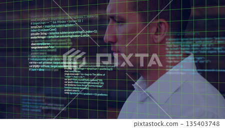 Man in white shirt gazing at code overlay and green grid in high-tech lab, copy space 135403748