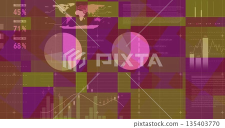 Displaying digital dashboard interface on screen, with world map, pie charts and candlestick charts 135403770