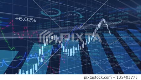 Displaying candlestick chart rising at trading interface, with ticker symbols and data labels Displaying candlestick chart rising at trading interface, with ticker symbols and data labels 135403773