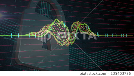 Animating multicolored waveform scrolling across cybersecurity UI, with padlock, candlestick charts 135403786