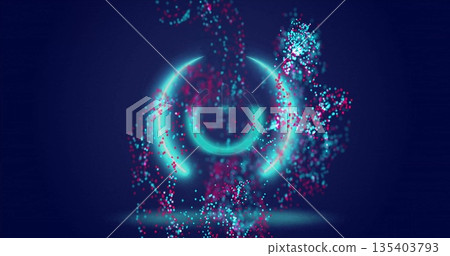 Swirling neon rings and circle converging in dark-blue space, with turquoise and magenta particles Swirling neon rings and circle converging in dark-blue space, with turquoise and magenta particles 135403793