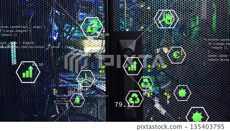 Displaying server rack door revealing switches in data center showing hexagon energy and code icons 135403795