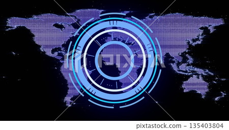 Displaying concentric blue HUD rings overlaying virtual interface, pixelated purple world map Displaying concentric blue HUD rings overlaying virtual interface, pixelated purple world map 135403804