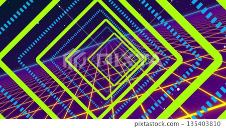 Spinning green-blue neon square frames forming tunnel in grid world, with yellow grid, starry sky Spinning green-blue neon square frames forming tunnel in grid world, with yellow grid, starry sky 135403810