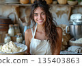 Smiling Woman With Bowl Of Cream In Rustic Kitchen 135403863