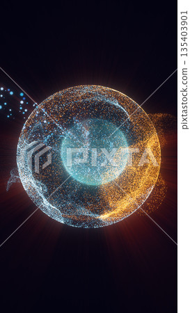 Spherical formation of swirling blue and orange particles creating a high-tech glowing orb Spherical formation of swirling blue and orange particles creating a high-tech glowing orb 135403901