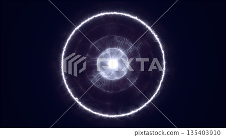Abstract white energy core with glowing concentric rings on a dark background, symbolizing power, radiation, and futuristic cosmic energy 135403910
