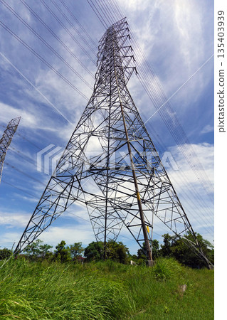 A large steel structure of a high-voltage power pole A large steel structure of a high-voltage power pole 135403939