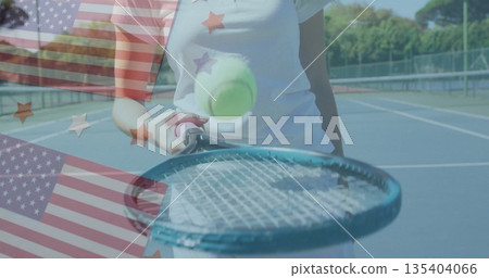 Gripping racket, athlete in white sportswear tracking tennis ball on blue court with flag overlay Gripping racket, athlete in white sportswear tracking tennis ball on blue court with flag overlay 135404066