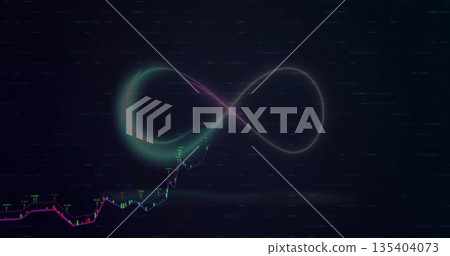 Floating neon infinity symbol hovering over rising candlestick chart in interface with glitch lines 135404073