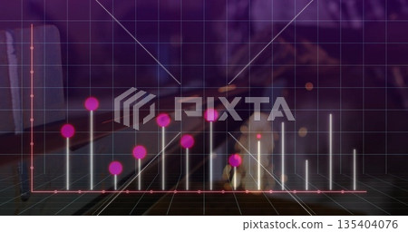 Showing grid plane with vertical bars and magenta spheres at desk, with laptop and mug Showing grid plane with vertical bars and magenta spheres at desk, with laptop and mug 135404076