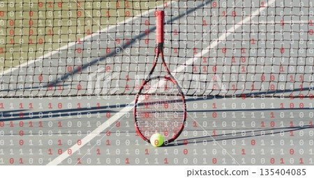 Propping racquet with yellow tennis ball at net on hardcourt lines, featuring binary code overlay 135404085