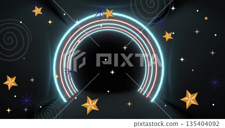 Shining cyan pink neon arch glowing within digital tunnel, with golden stars and space motifs Shining cyan pink neon arch glowing within digital tunnel, with golden stars and space motifs 135404092