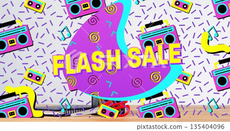 Showcasing FLASH SALE sign sitting on wooden desk with mic, headphones and retro boombox icons 135404096