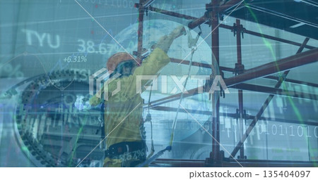 Factory worker in coverall adjusting harness tether on red scaffolding in plant with data overlays Factory worker in coverall adjusting harness tether on red scaffolding in plant with data overlays 135404097