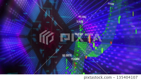 Highlighting green arrow rising in 3D space, with candlestick bars and numerical labels on hexagon 135404107