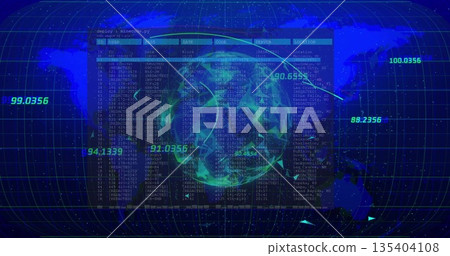 Displaying rotating neon globe on data dashboard with code window, map grid and numeric overlays 135404108