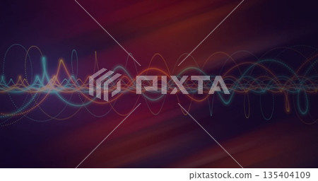 Flowing waves featuring intertwining dotted and solid neon sine lines on purple or red or orange bac 135404109