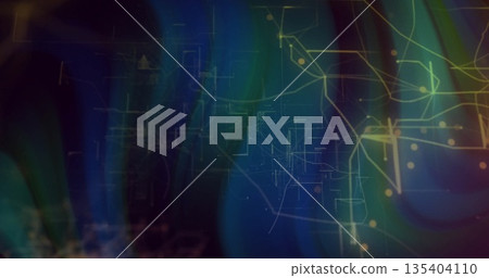 Showing abstract network in digital interface with glowing nodes, connecting lines and gradients 135404110