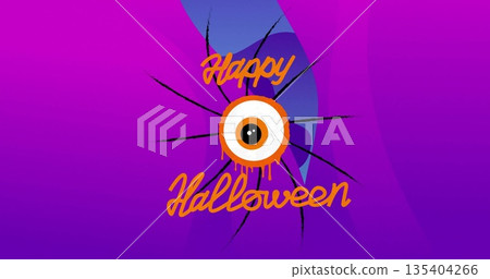 Image of happy halloween text with moving eye over purple shapes on blue background Image of happy halloween text with moving eye over purple shapes on blue background 135404266