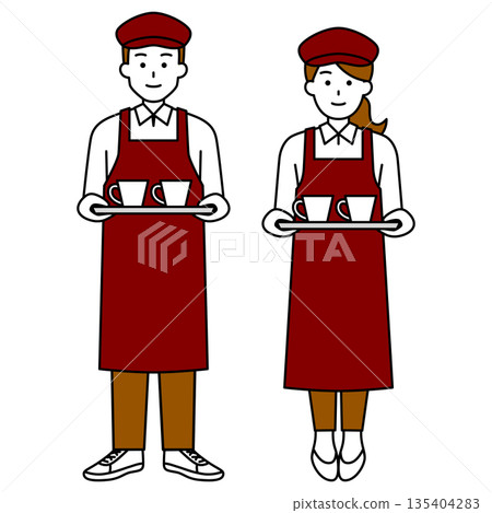 咖啡店男女員工端著咖啡（全身照） 135404283