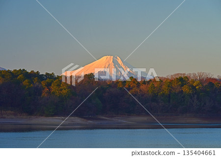 從湖邊眺望紅色的富士山 135404661
