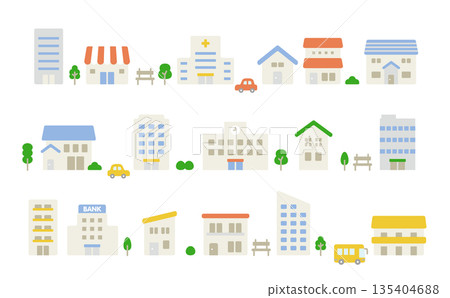 可愛的房屋和建築圖標集 | 住房和設施向量素材 135404688