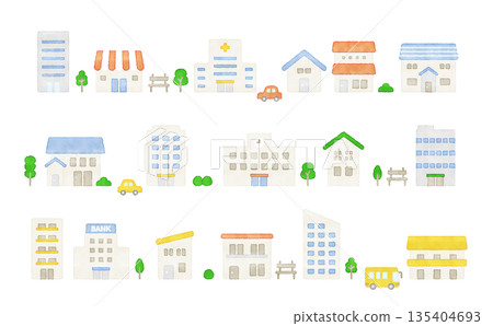 Watercolor style cute house and building icon set | Housing and facilities vector material Watercolor style cute house and building icon set | Housing and facilities vector material 135404693