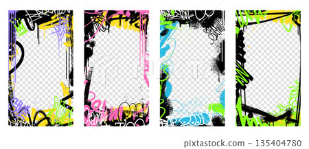 Grunge color frame templates with scribbles, aerosol paint, and ink drips. Set of graffiti spray art layout backgrounds with abstract street art elements on a transparent background. 135404780
