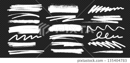 Hand-drawn chalk and charcoal marks. Rough strokes and scribbles with grunge pastel pencil texture. White underline doodles and sketchy brush bar elements 135404783