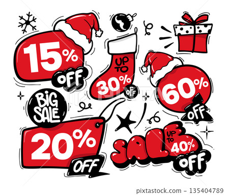 Set of Christmas sale illustrations with discount price tags, sale labels, banners, and special offer vector elements 135404789