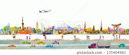 Travel around world with people, airplane and drive a car. Famous landmarks of world. 135404981