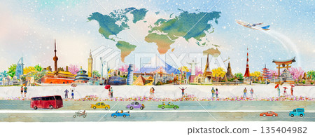 Travel around world with people, airplane and drive a car. Famous landmarks of world. Travel around world with people, airplane and drive a car. Famous landmarks of world. 135404982