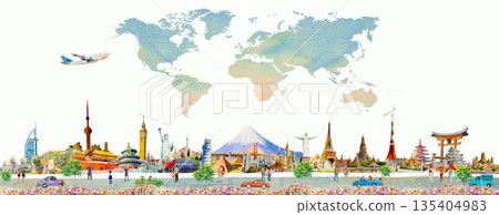 Famous landmarks of world. Travel around world with people, airplane and drive a car. Famous landmarks of world. Travel around world with people, airplane and drive a car. 135404983