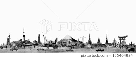 Famous landmarks of world. Travel around world with people, airplane and drive a car. 135404984