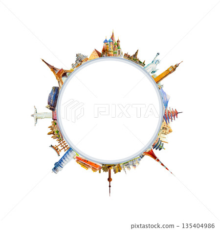 Famous world landmarks located around the globe isolated on white background. 135404986